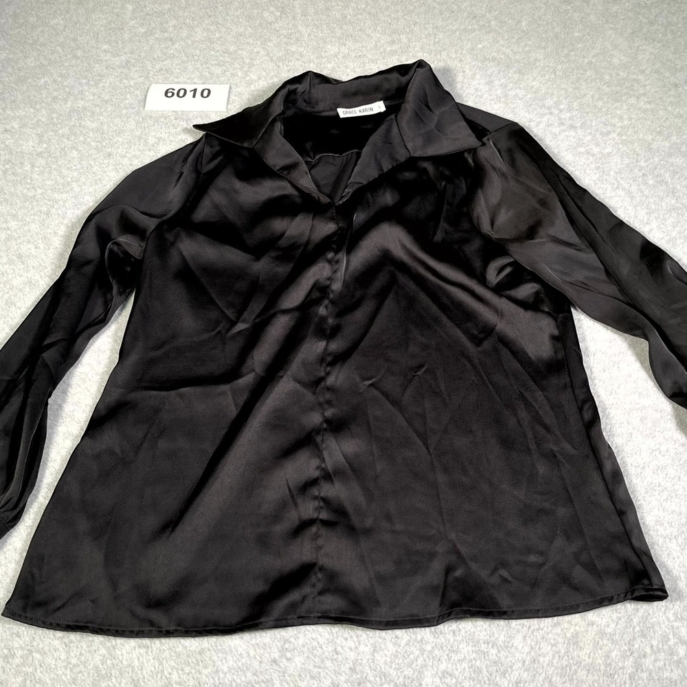 Grace Karin Shirt‎ Top Womens Medium Black Glossy Collared Long Sleeve Office